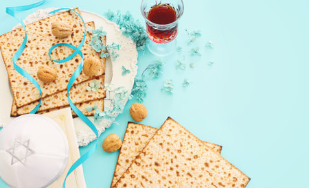 Pesah celebration concept (jewish Passover holiday) over pastel blue background