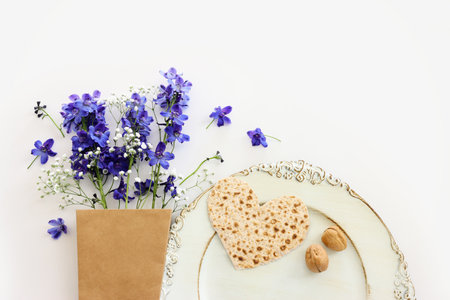 Pesah celebration concept (jewish Passover holiday) over isolated white backgroundの写真素材