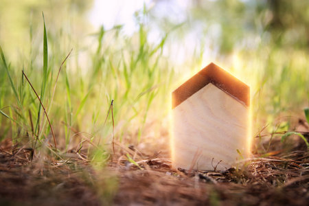 Concept image of a small house in nature. Idea of ecology, solar energy, and sustainabilityの写真素材