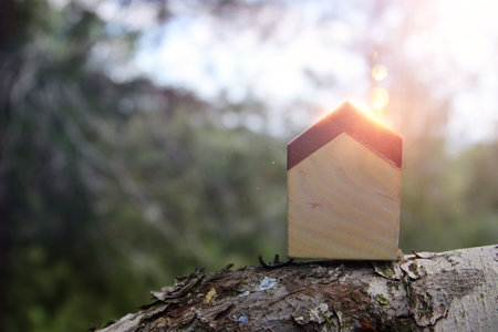 Concept image of a small house in nature. Idea of ecology, solar energy, and sustainabilityの写真素材