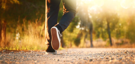View of sneakers on asphalt road, teenager moving forward