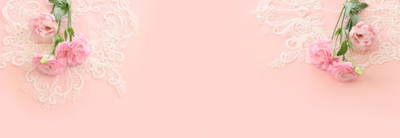 Top view image of delicate flower over pastel backgroundの写真素材