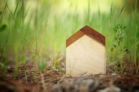 Concept image of a small house in nature. Idea of ecology, solar energy, and sustainabilityの写真素材