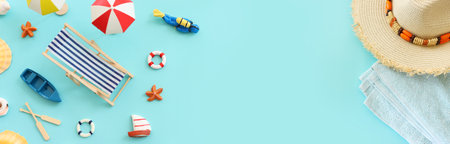 nautical, vacation and travel banner with sea life style objects. Top view