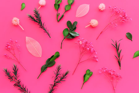 Top view image of pink dry flowers over fuchsia background .Flat layの写真素材