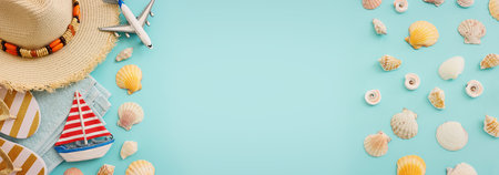 nautical, vacation and travel banner with sea life style objects. Top viewの写真素材