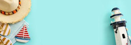 nautical, vacation and travel banner with sea life style objects. Top viewの写真素材