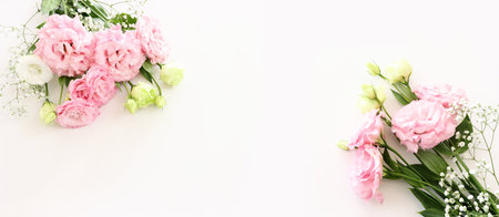 Top view image of delicate pink flowers over white backgroundの写真素材