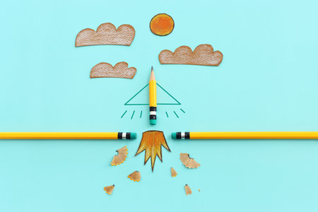 Concept image of pencil as rocket metaphor on blue background