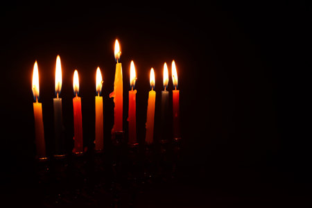 Religion image of jewish holiday Hanukkah background with menorah (traditional candelabra) and candlesの写真素材