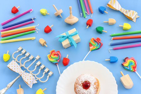 Religion image of jewish holiday Hanukkah background with menorah (traditional candelabra). Top viewの写真素材