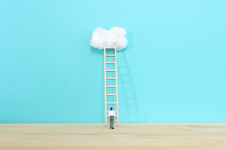 Concept image of ladder reaching the clouds, goal achieving and leadership ideaの写真素材
