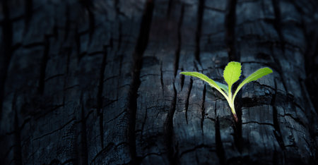 Sprout of a plant grows on a burnt tree trunk. concept of new life and hopeの写真素材