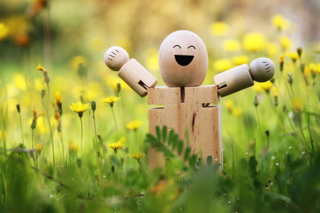 Wooden figure in nature with smiling face. Concept of joy happiness and wellnessの写真素材