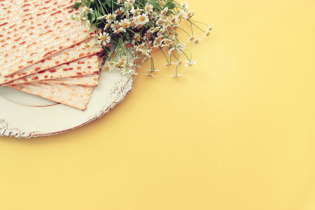 Passover background of matzoh (jewish holiday bread). Top viewの写真素材