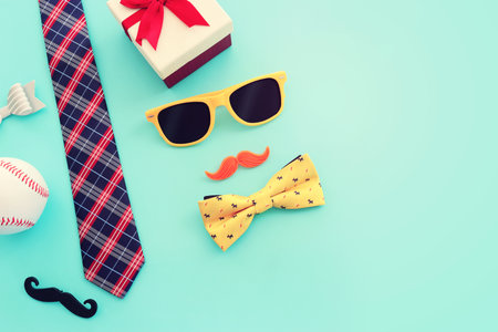 Father's day concept over blue background. top view, flat layの写真素材