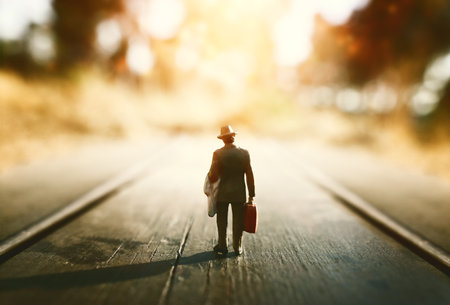 Concept image of lonely figure walking in sunset towards the horizonの写真素材