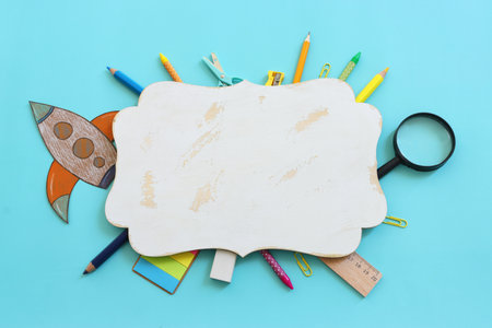 education and back to school concept. stationery over blue background. top view, flat layの写真素材