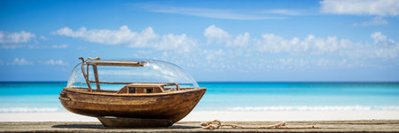nautical concept with sail boat with glass bottle elements over wooden table and sea landscape backgroundの素材