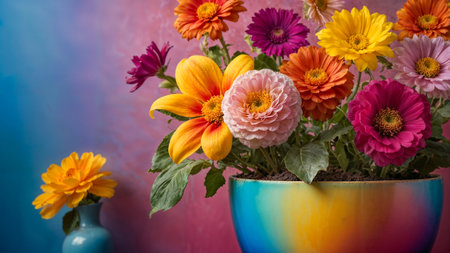 background of vibrant multicolor flowers composition in the ceramic vaseの素材