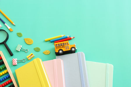 education and back to school concept. stationery over blue background. top view, flat layの写真素材