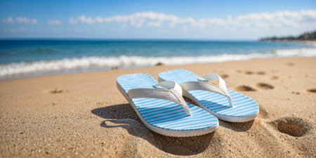 flip flops on sand beach against blue sea and skyの素材