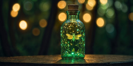 Magical fairy dust and firefly in the vintage bottle at the forestの素材