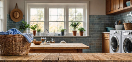 Empty wooden table in front of rural laundry room background. product display conceptの素材