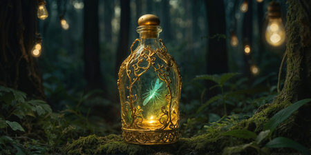Magical fairy dust and firefly in the vintage bottle at the forestの素材