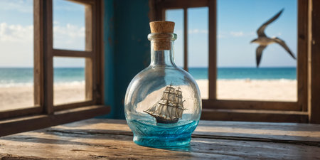 nautical concept with sail boat in the bottle over wooden table indoors and sea landscape background from the windowの素材