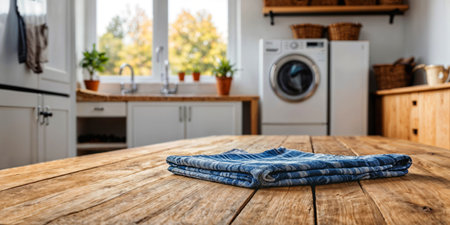 Empty wooden table in front of rural laundry room background. product display conceptの素材
