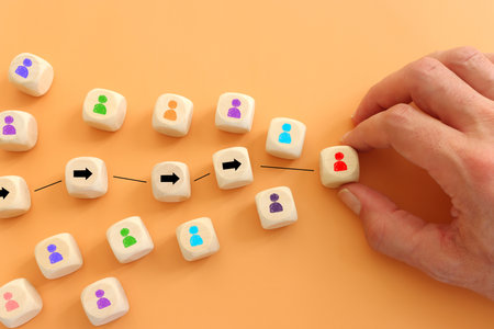 Wooden figures and hand picking the leader. Idea of collaboration and teamwork