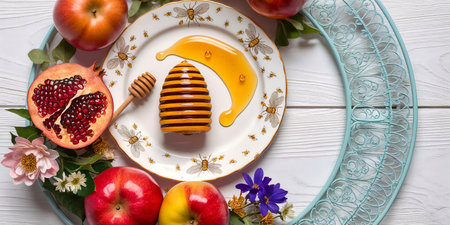 Rosh hashanah (jewish New Year holiday) concept. Honey, pomegranate and apple, traditional symbolsの素材