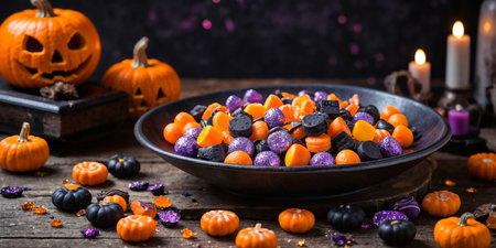 holidays concept of Halloween . Pumpkin and candies over wooden tableの素材
