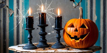 holidays concept of Halloween . Pumpkin and candles at scary, haunted houseの素材