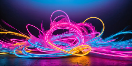 Abstract background of neon lights in motionの素材