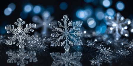 Magical white snowflakes over glitter dark backgroundの素材
