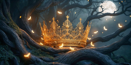 banner of beautiful gold crown over moss in front of dark forest and fireflies background. fantasy medieval periodの素材