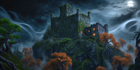 image of night scary castle in the woodsの素材