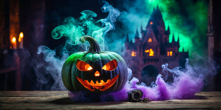 holidays concept of Halloween . Pumpkin at scary, haunted and misty night forestの素材