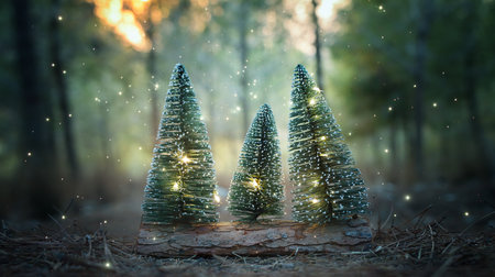Small Christmas trees decoration with lights in the forestの写真素材