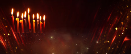 Religion image of jewish holiday Hanukkah background with menorah (traditional candelabra) and candlesの写真素材
