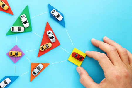 Concept image of cars following the leader. Idea of success and teamwork