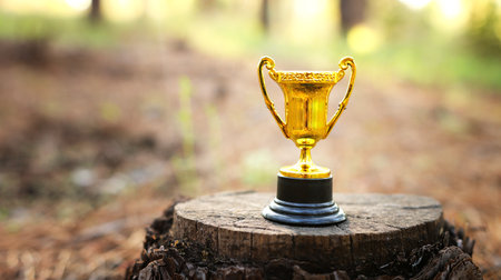 Golden trophy in nature. Concept of quality, and ecofriendly awardの写真素材