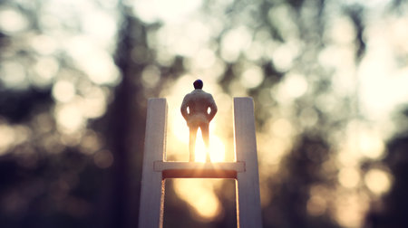 Concept image of man figure standing on top of ladder looking forward to the sun lightの写真素材