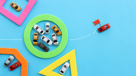 Concept image of cars following the leader. Idea of success and teamworkの写真素材