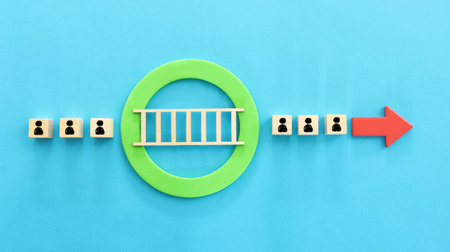 Concept image of wooden figures crossing ladder or bridge. idea of teamwork, collaboration, and risk