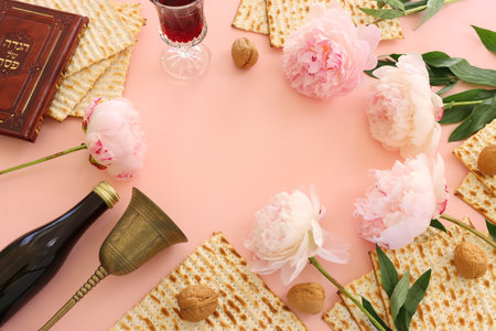 Pesah celebration concept (jewish Passover holiday). Traditional book with text in hebrew: Passover...