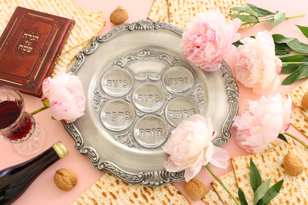 Pesah celebration concept (jewish Passover holiday). Translation of Traditional pesakh plate text: egg, bone, bitter hearb, sweet dateの写真素材