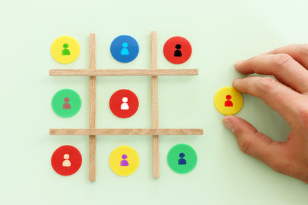 Business image of cubes with people icons over pastel background, human resources and management...